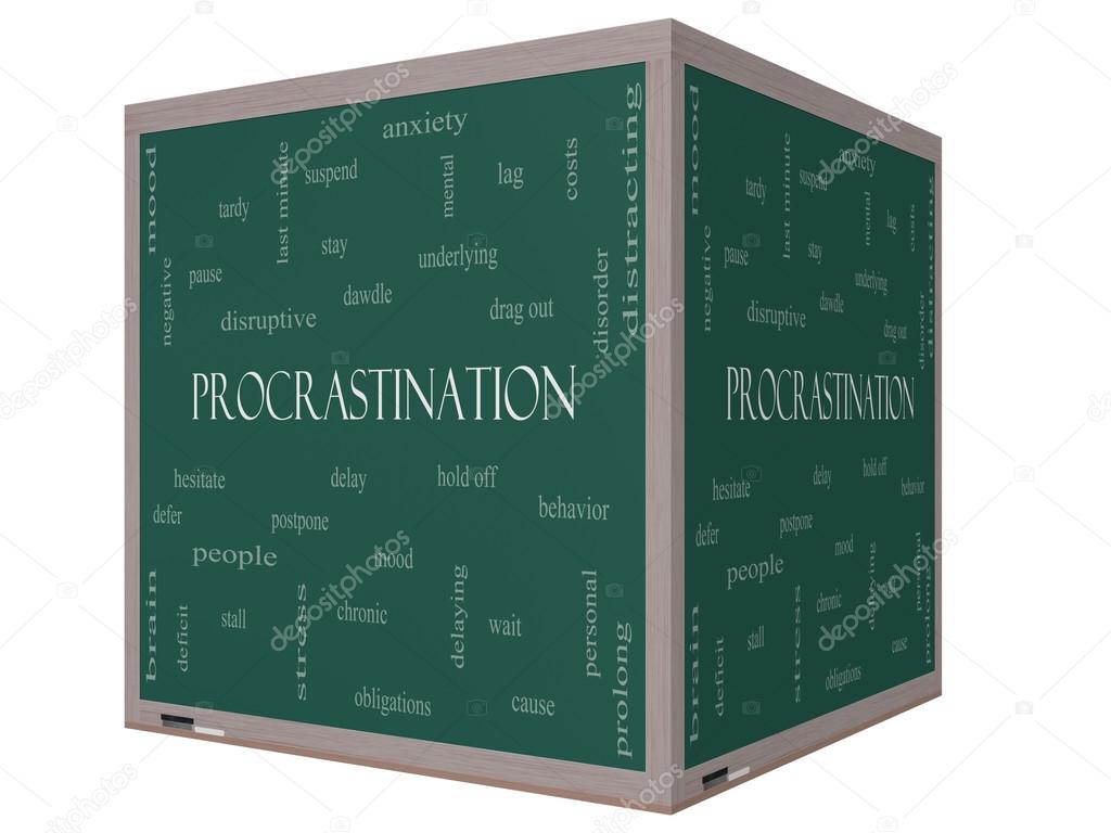 Procrastination Word Cloud Concept on a 3D cube Blackboard