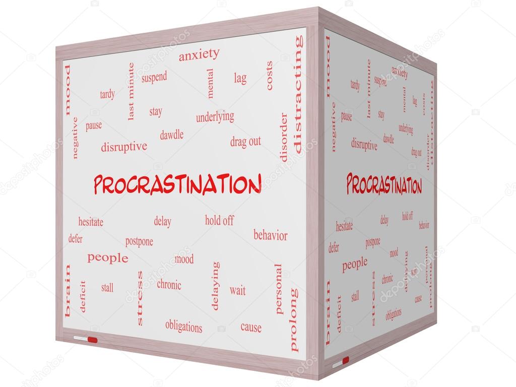 Procrastination Word Cloud Concept on a 3D cube Whiteboard