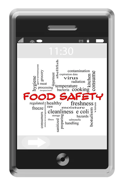 Voedsel veiligheid woord wolk concept op touchscreen telefoon — Stockfoto