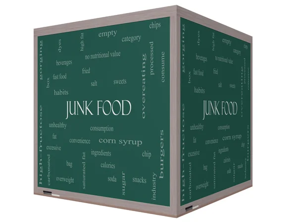 Junk-Food-Word-Cloud-Konzept auf einer 3D-Würfeltafel — Stockfoto