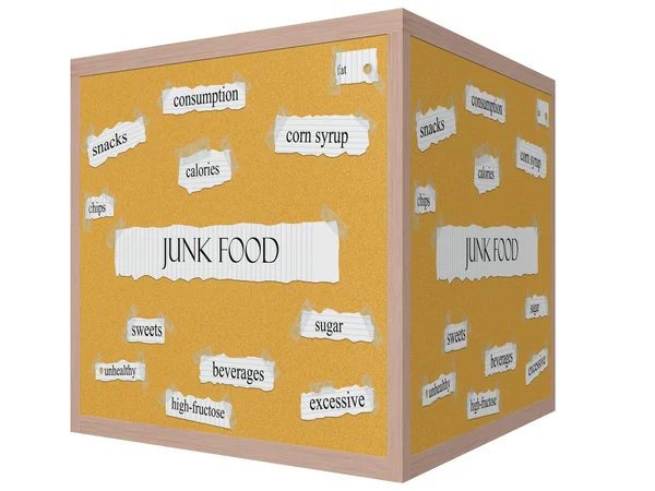 Comida chatarra 3D cubo Corkboard Word Concept — Foto de Stock