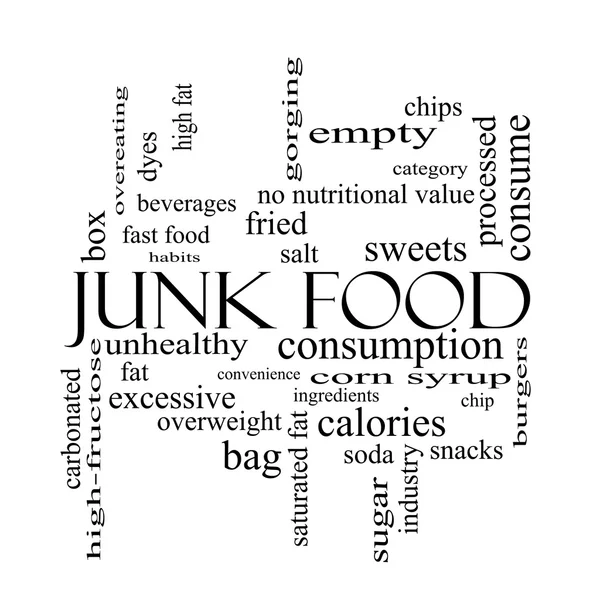 Junk Food Word Cloud Concept in black and white — Stock Photo, Image