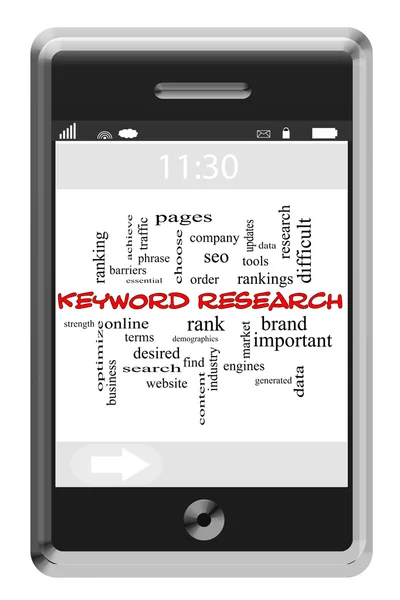 Keyword Research Word Cloud Concept on Touchscreen Phone — Stock Photo, Image