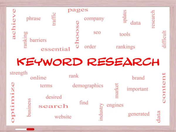 Keyword Research Conceito de nuvem do Word em um quadro branco — Fotografia de Stock