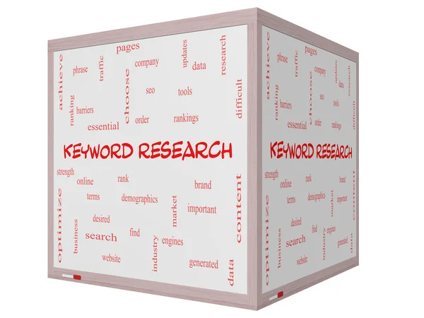 Ключевые слова Research Word Cloud Concept on a 3D cube Whiteboard — стоковое фото