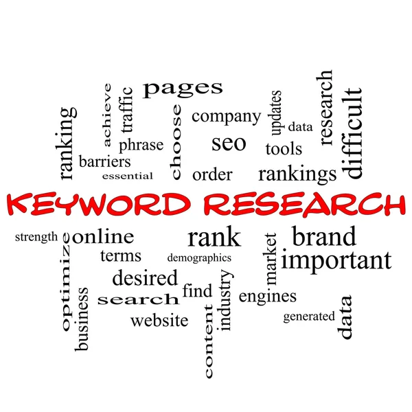 Keyword Research Word Cloud Concept in red caps — Stock Photo, Image