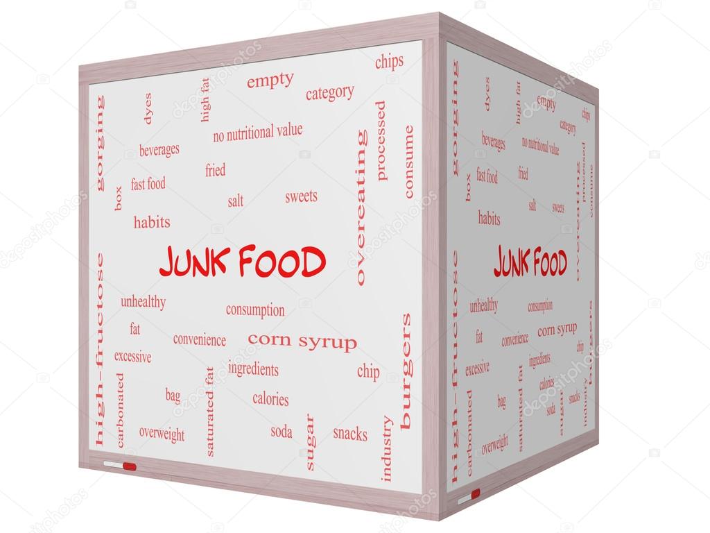 Junk Food Word Cloud Concept on a 3D cube Whiteboard
