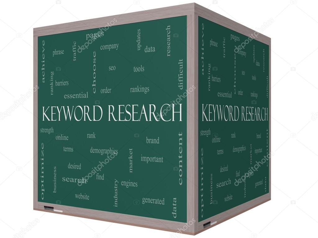 Keyword Research Word Cloud Concept on a 3D cube Blackboard
