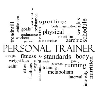 Personal Trainer Word Cloud Concept in black and white clipart