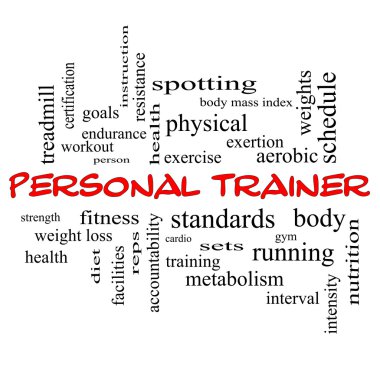 Personal Trainer Word Cloud Concept in red caps clipart
