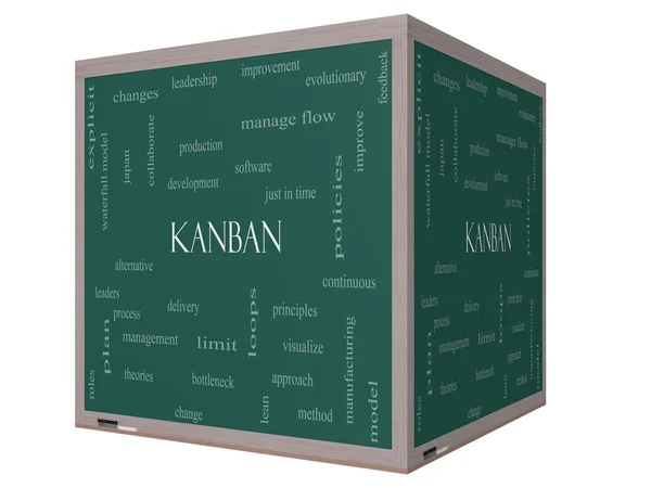 Kanban-ordet moln koncept på en 3d-kub blackboard — Stockfoto