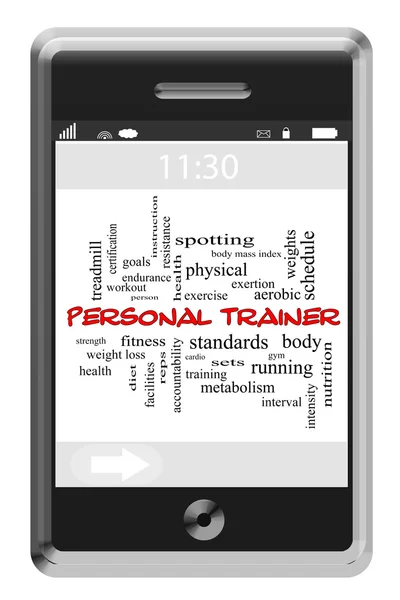 Personal Trainer Word Cloud Concept on Touchscreen Phone — Stock Photo, Image