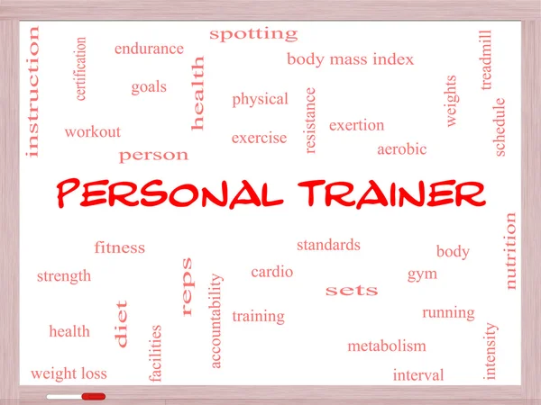 Personal Trainer Word Cloud Concept em um quadro branco — Fotografia de Stock