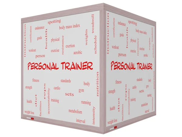 Personal Trainer Word Cloud Concept em um quadro branco de cubo 3D — Fotografia de Stock