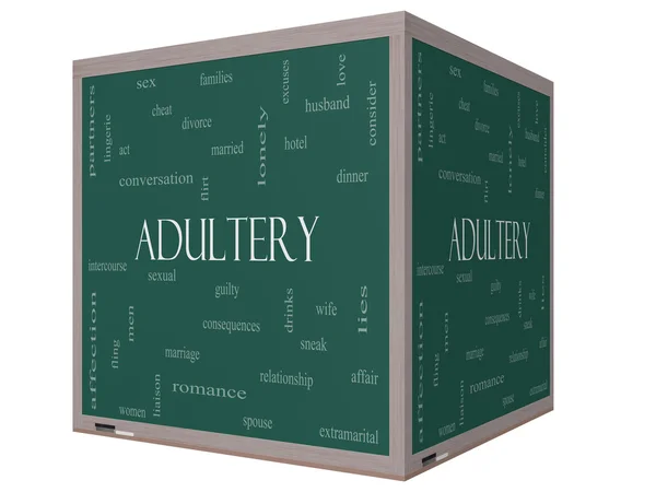 Adultery Word Cloud Concept on a 3D cube Blackboard — Stock Photo, Image