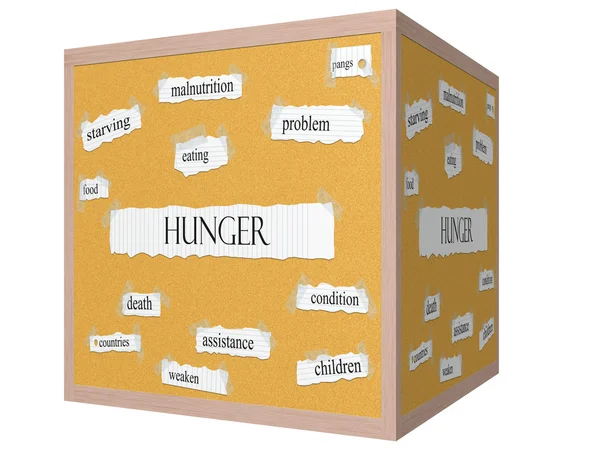 Hunger 3D cubo Corkboard Palavra Conceito — Fotografia de Stock