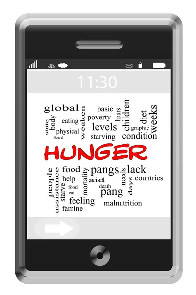 Hunger Word Cloud Concept sul telefono touchscreen — Foto Stock