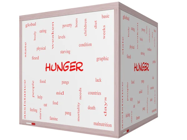 Conceito de nuvem de palavra fome em um quadro branco de cubo 3D — Fotografia de Stock