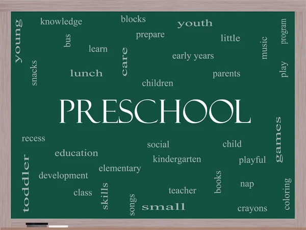 Preschool Word Cloud Concept on a Blackboard — Stock Photo, Image