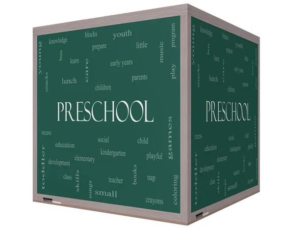 Preschool Word Cloud Concept on a 3D cube Blackboard — Stock Photo, Image