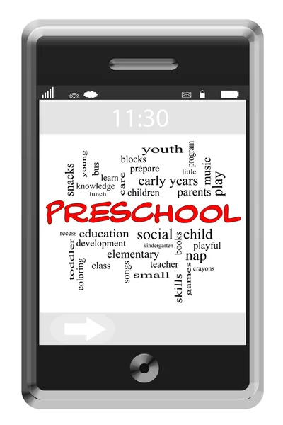 Preschool Word Cloud Concept on Touchscreen Phone — Stock Photo, Image