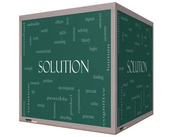 Solution Word Cloud Concept on a 3D cube Blackboard — Stock Photo, Image