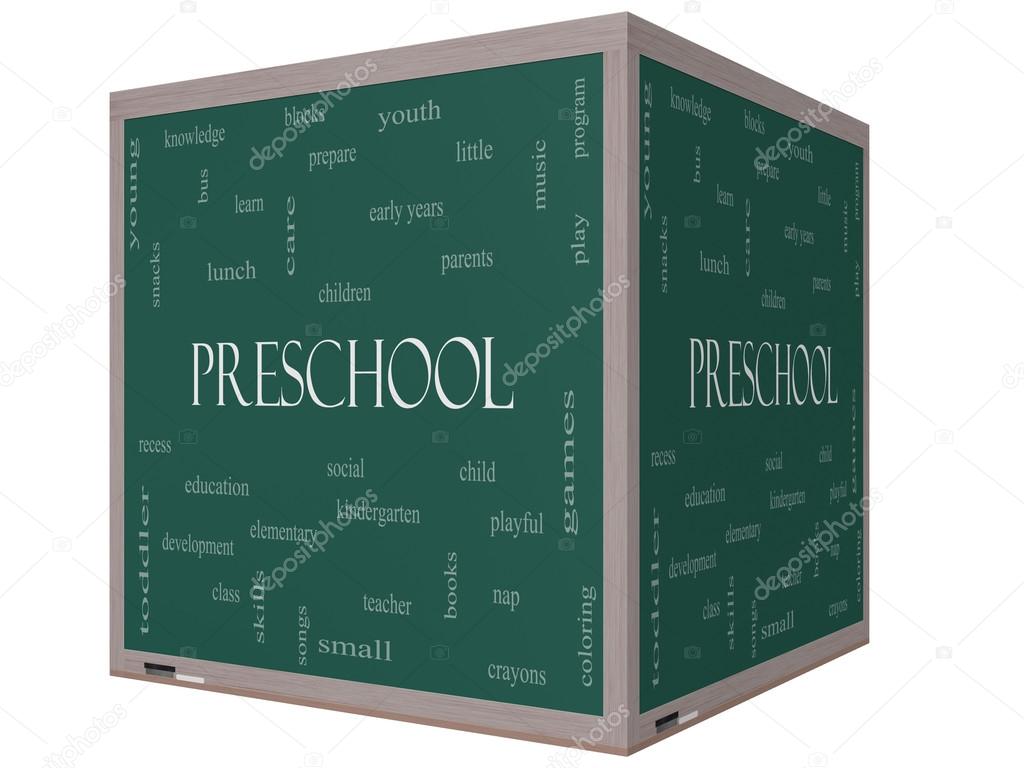 Preschool Word Cloud Concept on a 3D cube Blackboard