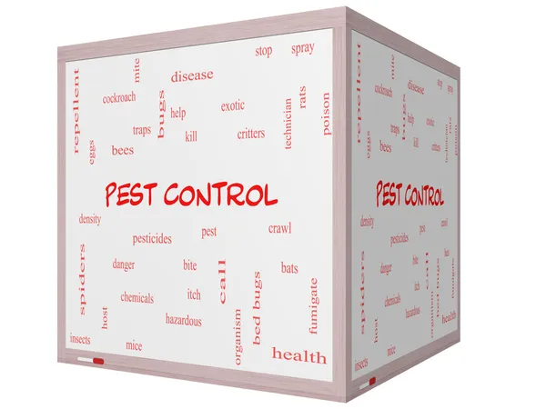 Pest control woord wolk concept op een 3d cube whiteboard — Stockfoto