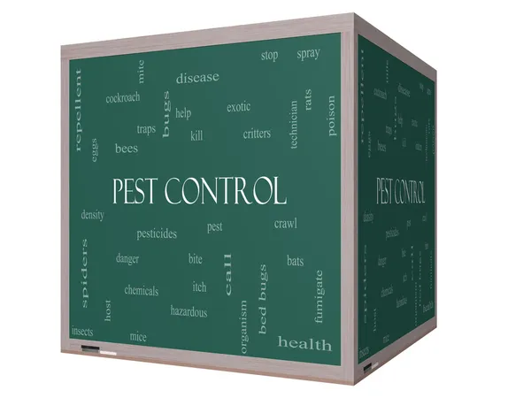 Pest control woord wolk concept op een 3D-kubus schoolbord — Stockfoto