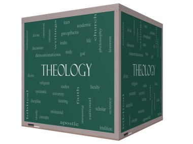 Theology Word Cloud Concept on a 3D cube Blackboard clipart