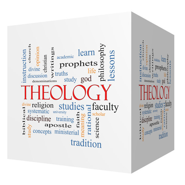 Theology 3D cube Word Cloud Concept