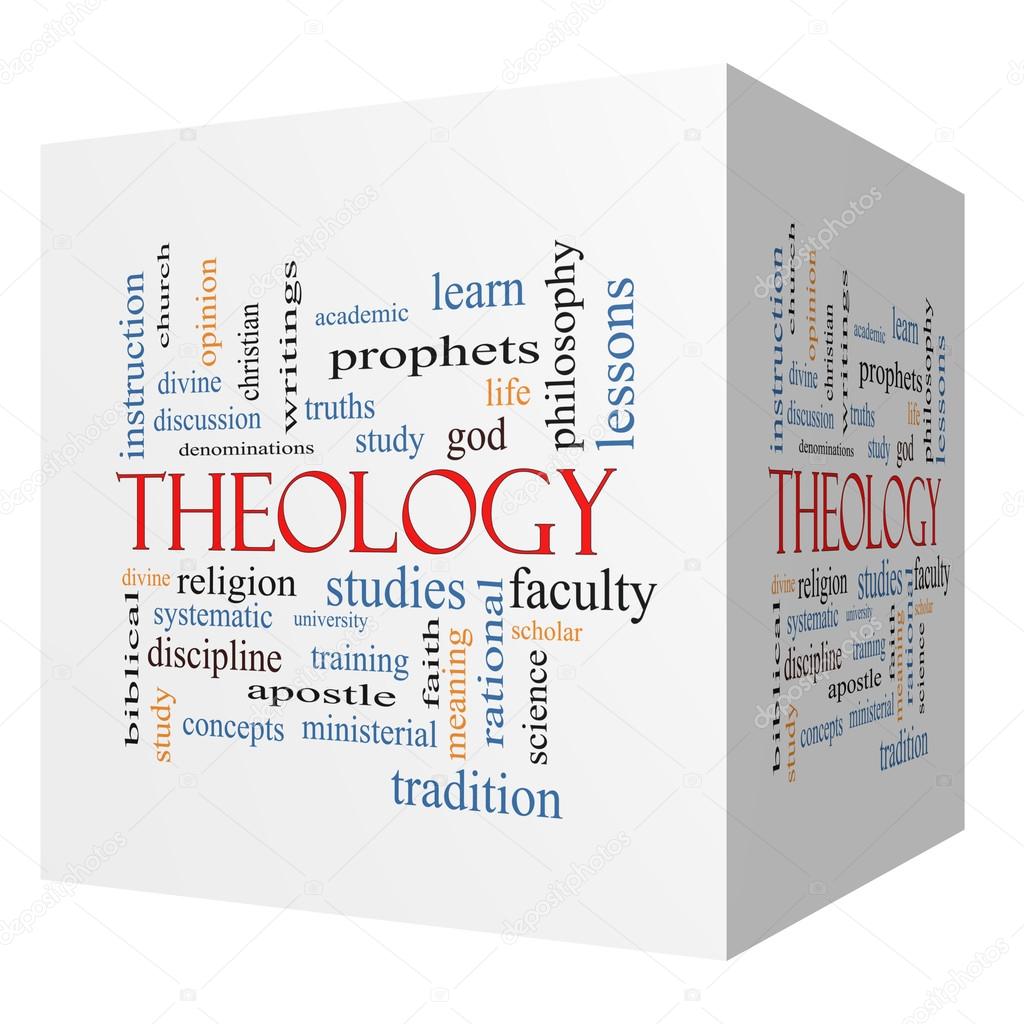 Theology 3D cube Word Cloud Concept