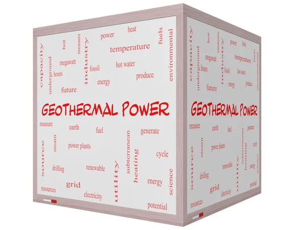 Geothermal Power Word Cloud Concept on a 3D cube Whiteboard — Stock Photo, Image