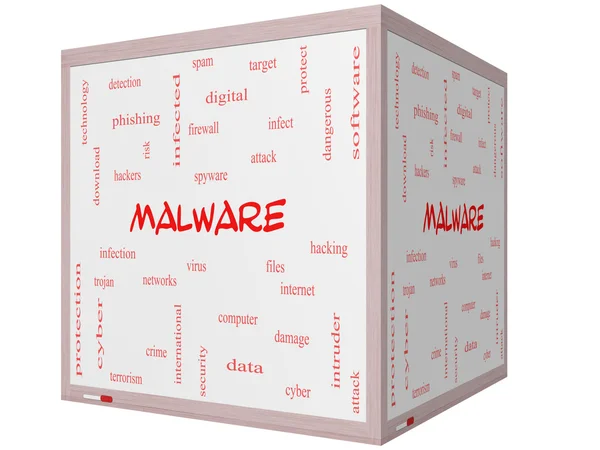 Malware woord wolk concept op een 3d cube whiteboard — Stockfoto