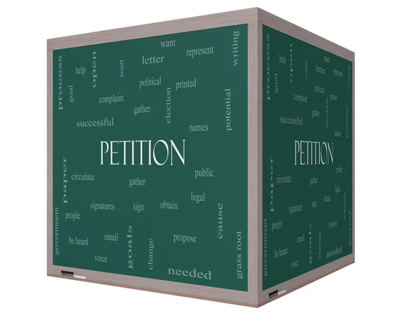 Petition Word Cloud Concept on a 3D cube Blackboard — Stock Photo, Image