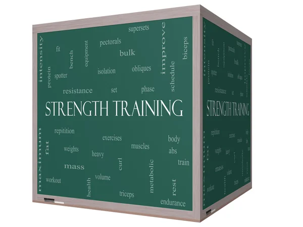 Strength Training Word Cloud Concept on a 3D cube Blackboard — Stock Photo, Image