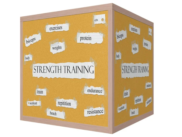 Krafttraining 3d cube corkboard word concept — Stockfoto