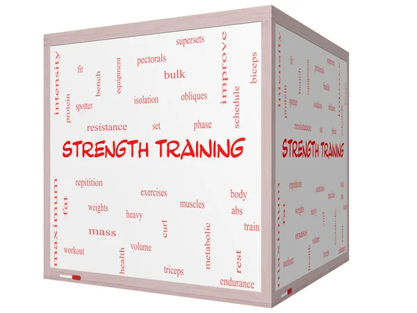 Strength Training Word Cloud Concept on a 3D cube Whiteboard — Stock Photo, Image
