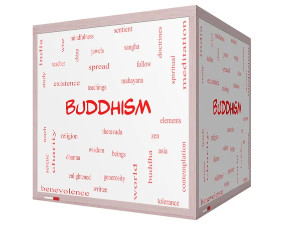 Buddhisme Word Cloud Concept på en 3D terning Whiteboard - Stock-foto