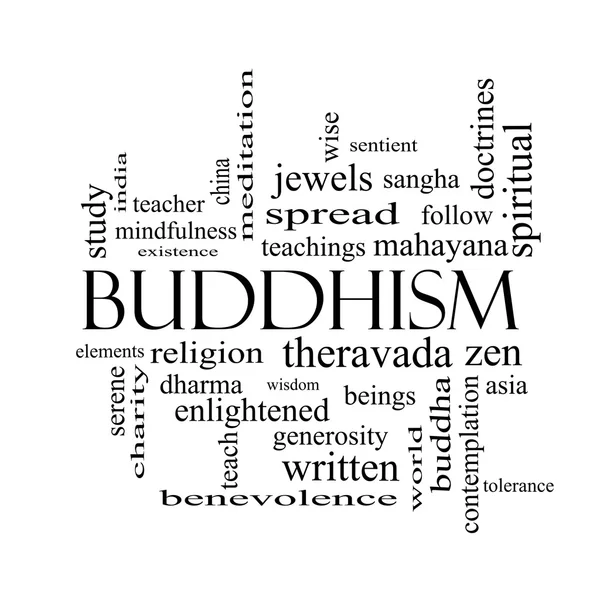 Buddhisme Ord Skybegrep i svart-hvitt – stockfoto