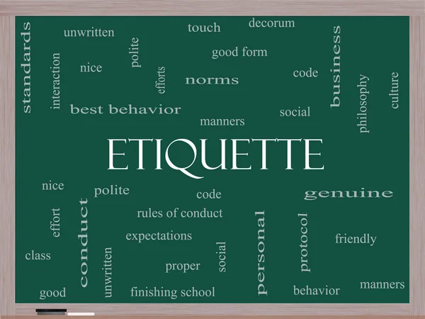 Etiquette woord wolk concept op een schoolbord — Stockfoto