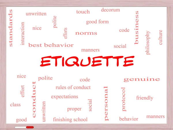 Etiquette Word Cloud Concetto su una lavagna bianca — Foto Stock