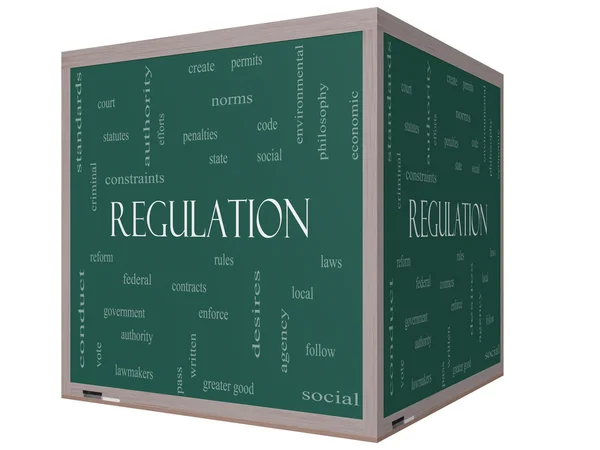 Regulation Word Cloud Concept on a 3D cube Blackboard — Stock Photo, Image