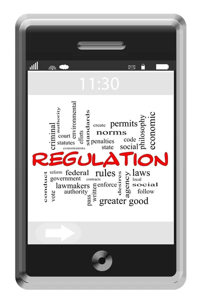 Regulation Word Cloud Concept on Touchscreen Phone — Stock Photo, Image