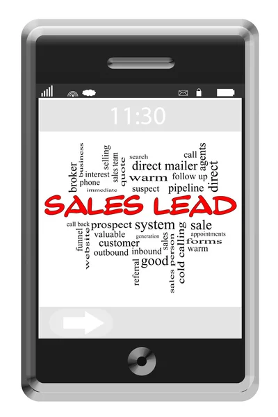 Concepto de nube de palabra de plomo de ventas en el teléfono con pantalla táctil — Foto de Stock