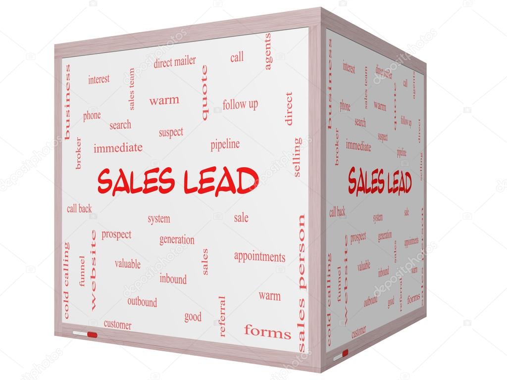 Sales Lead Word Cloud Concept on a 3D cube Whiteboard