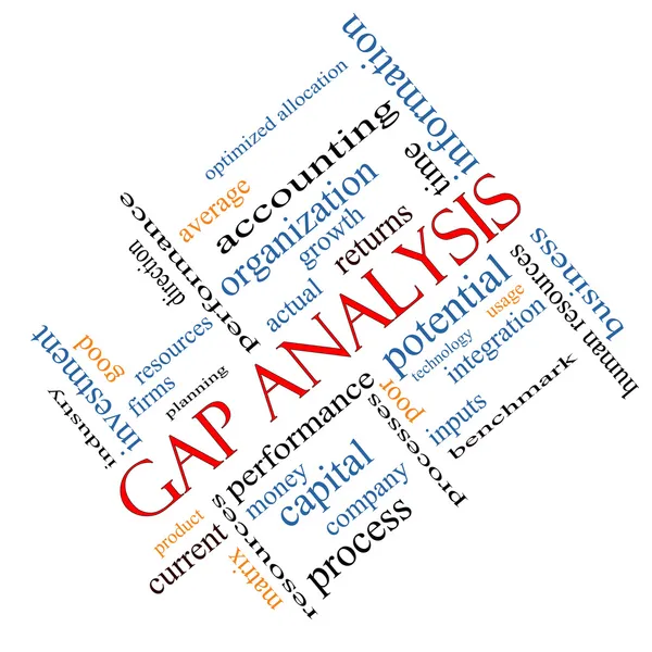 Gap analyse woord wolk concept schuin — Stockfoto