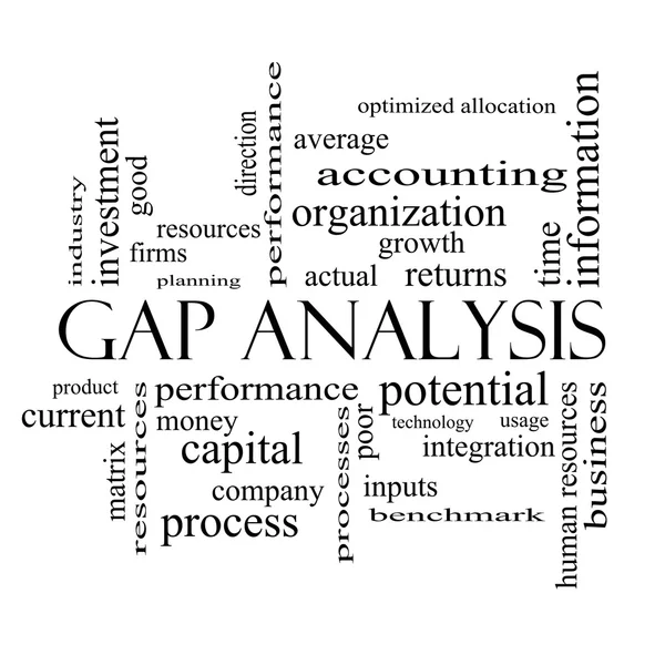 Gap analízis szó felhő fogalmát, fekete-fehér — Stock Fotó