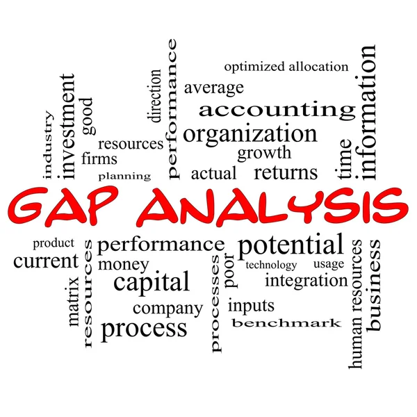 Gap-Analyse Word Cloud-Konzept in roten Kappen — Stockfoto
