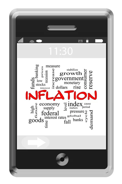 Inflation Wort Cloud-Konzept auf Touchscreen-Handy — Stockfoto